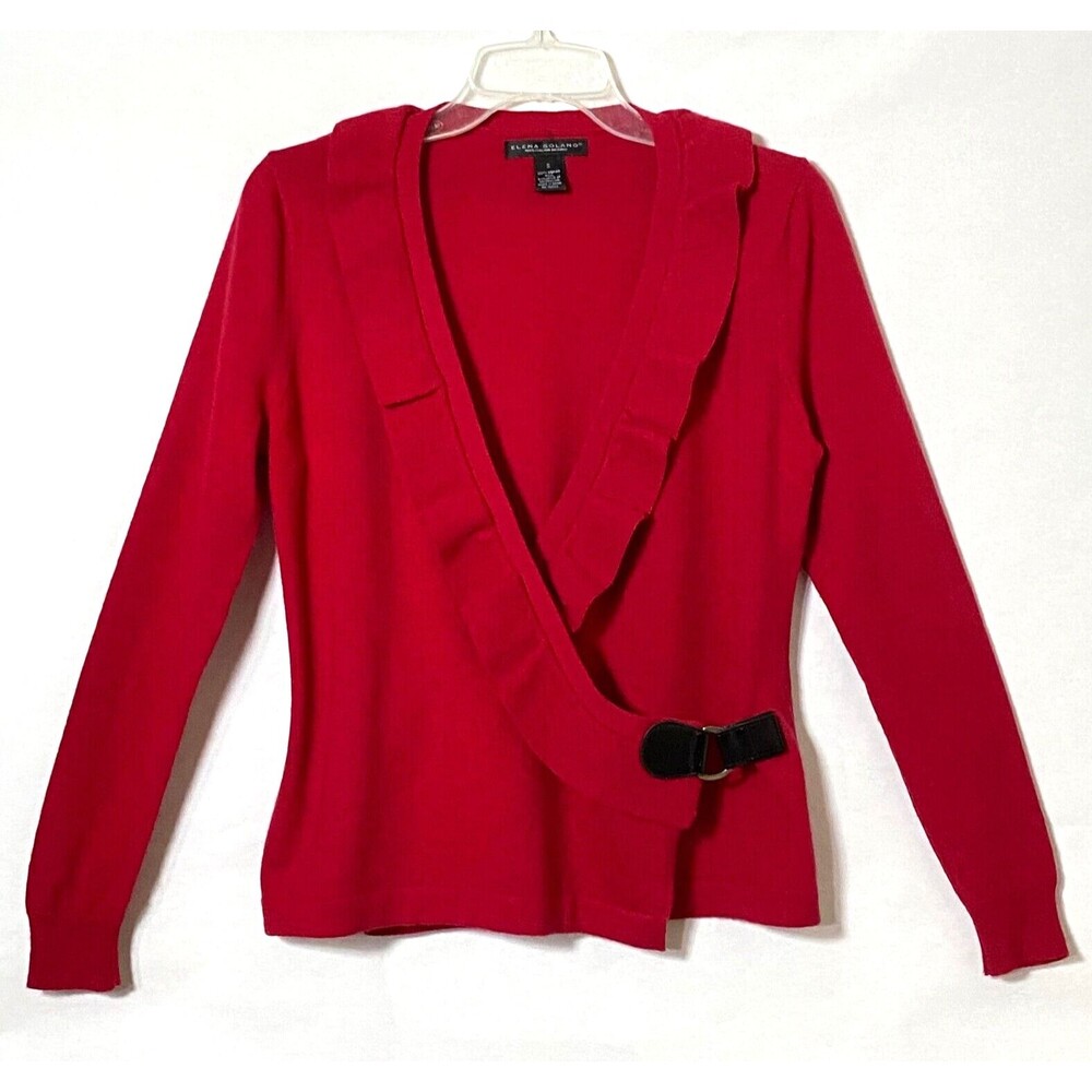 Elena Solano Merino Wool Wrap Sweater Womens Small Red Ruffled Neckline Flaw